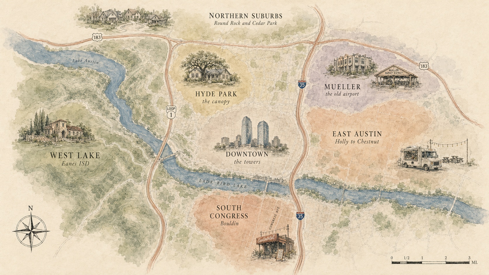A hand-drawn watercolor map of central Austin neighborhoods, showing the Northern Suburbs, Hyde Park, Mueller, East Austin, West Lake, Downtown, and South Congress, with Lady Bird Lake running through the middle.